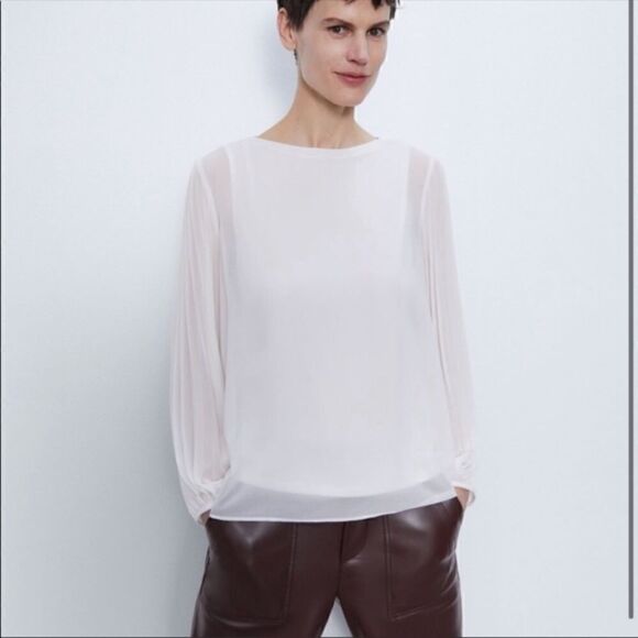 Zara white blouse with pleated sleeves.  Size Med - Picture 1 of 9